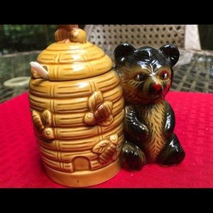 Rare bear and beehive honey pot with spoon vintage